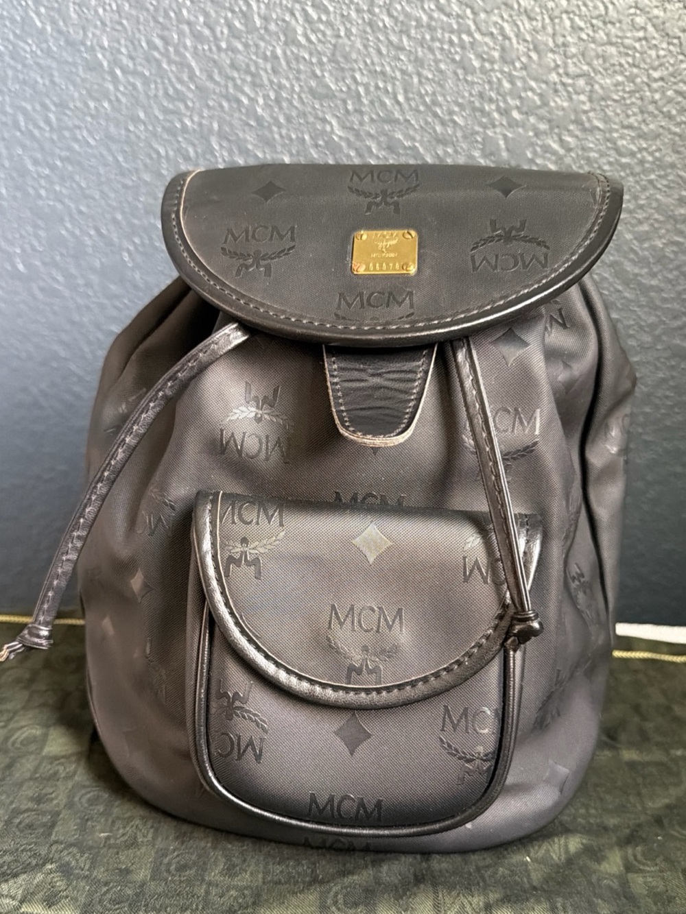 MCM Black Logo Drawstring Backpack with Front Pocket